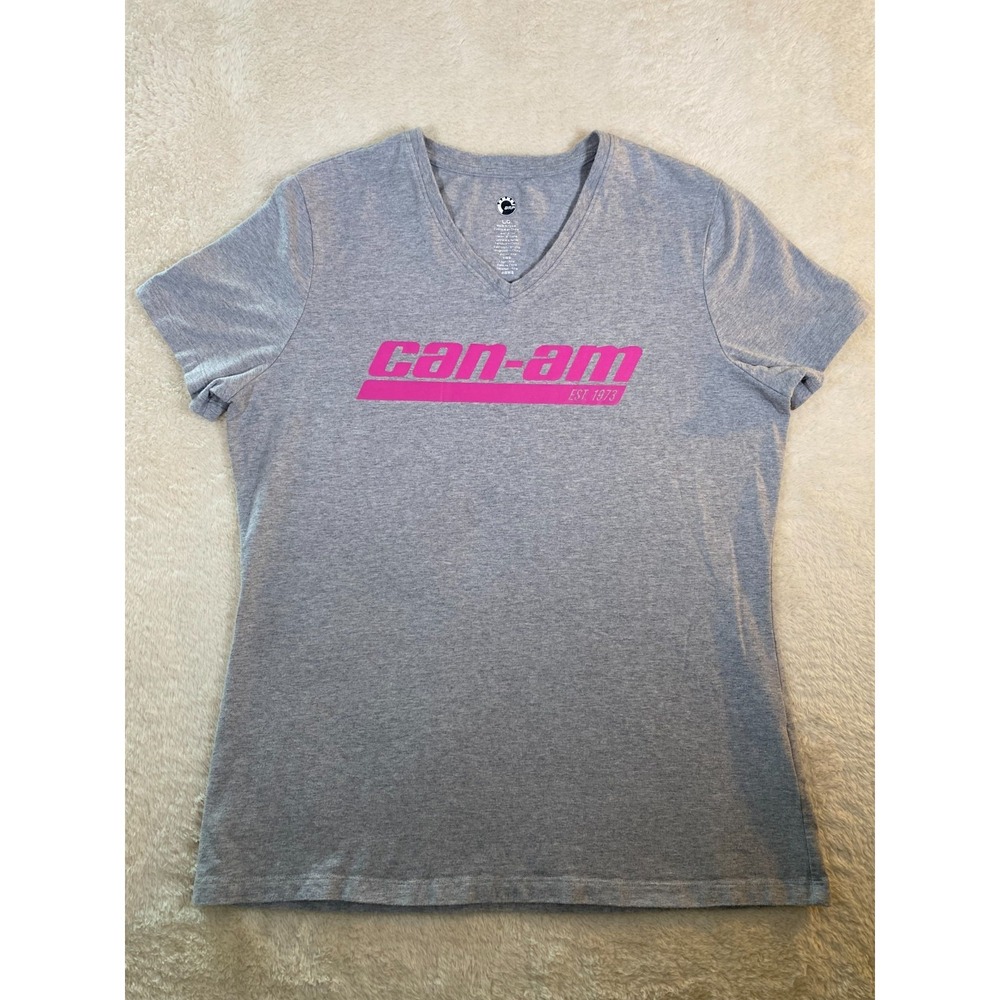 Can Am Women's Size Large V-Neck T-Shirt Top Gray Pink